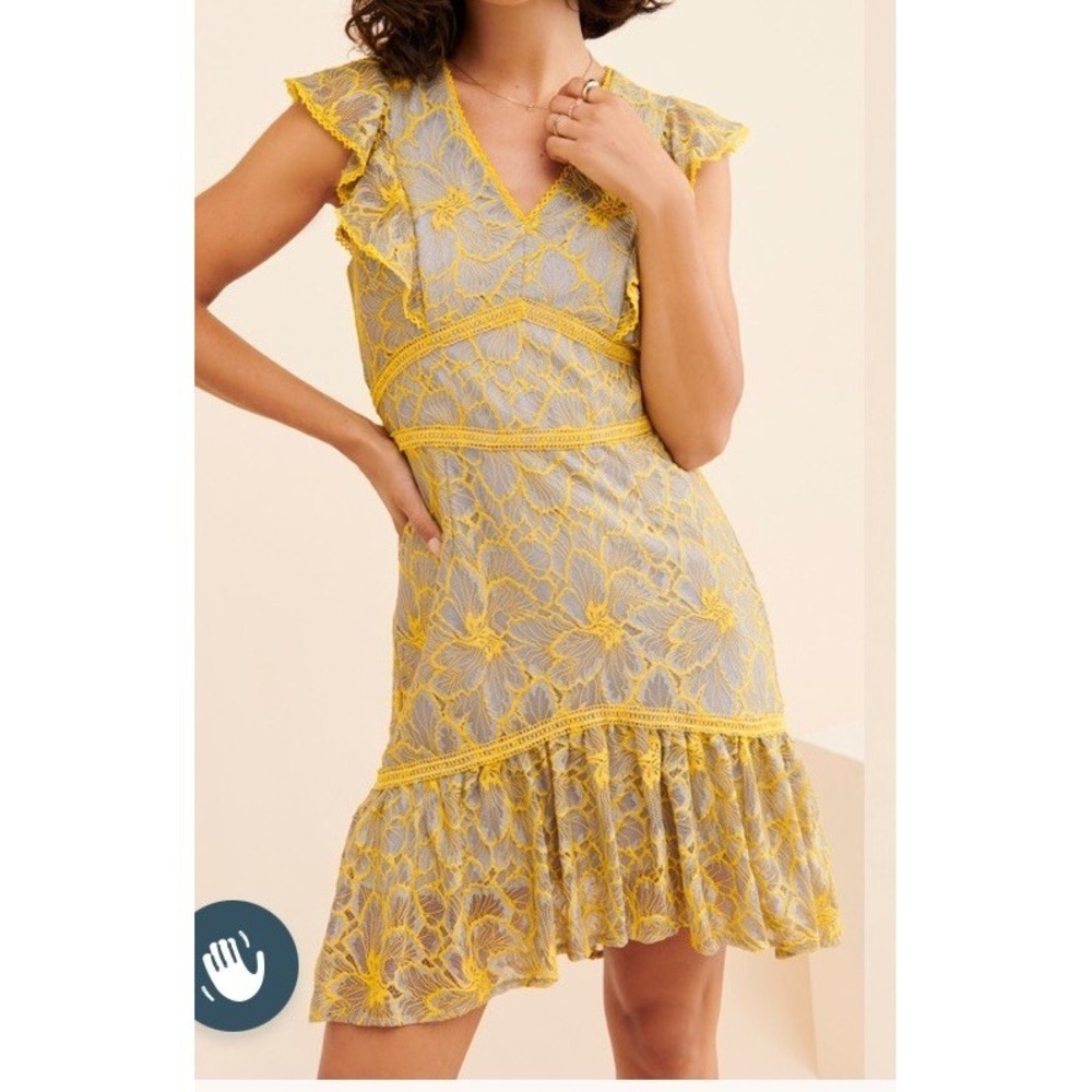 Adelyn Rae Women's Jacey Lacey Mini Dress Sz S Gray Yellow‎ Ruffle Retro 20s